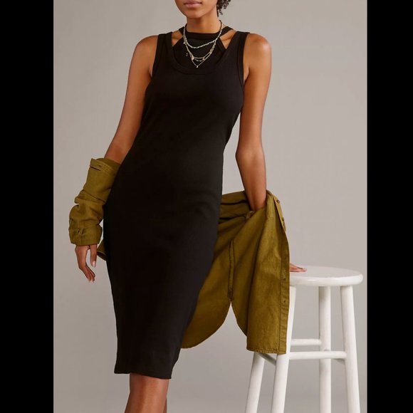 ANTHROPOLOGIE T.La BLACK SLEEVELESS RIBBED LAYERED TANK DRESS - Picture 1 of 3